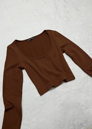 Kahverengi Uzun Kollu Kare Yaka Crop Bluz - Görsel 2