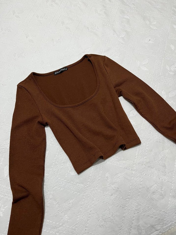 Kahverengi Uzun Kollu Kare Yaka Crop Bluz - Görsel 2