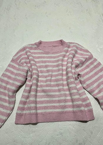 Pembe Çizgili Kadın Triko Kazak - Görsel 4