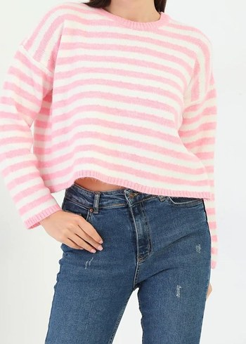 Pembe Çizgili Kadın Triko Kazak - Görsel 2