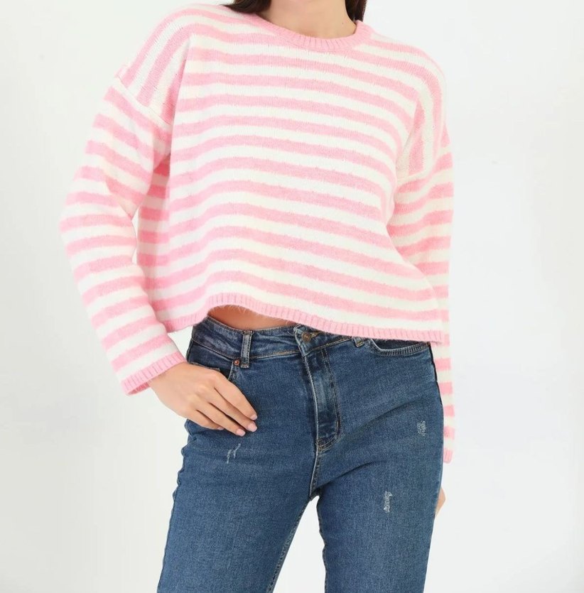 Pembe Çizgili Kadın Triko Kazak - Görsel 2