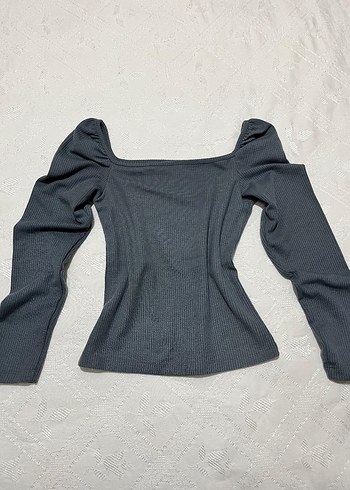 Gri Kare Yaka Uzun Kollu Kadın Bluz - Görsel 3