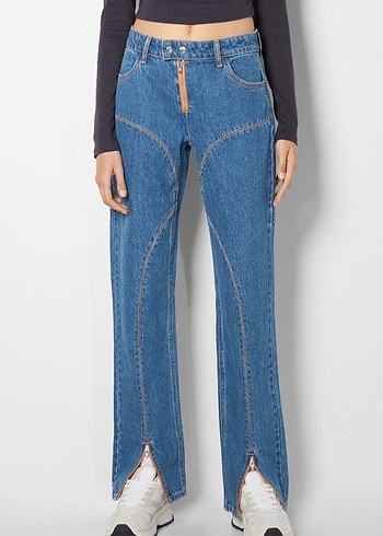 Gri Fermuarlı Mavi Denim Kadın Jean