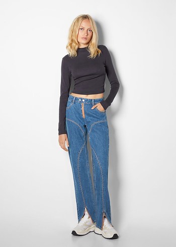 Bershka Gri Fermuarlı Mavi Denim Kadın Jean