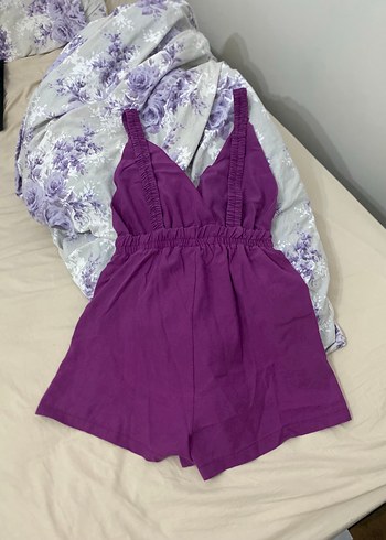 Zara Zara Mor Keten Straplez Kısa Tulum