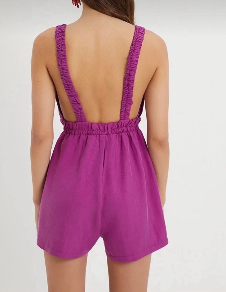 Zara Mor Keten Straplez Kısa Tulum - Görsel 5