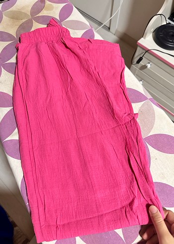 Pembe Bol Kesim Midi Keten Pantolon