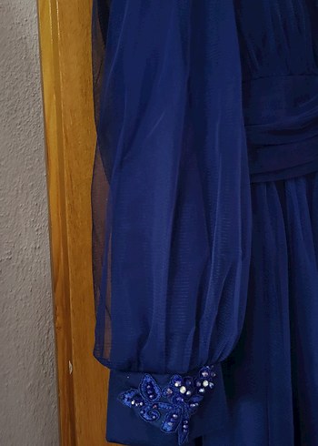 Drapeli Uzun Kollu Mavi Abiye Elbise - Görsel 2