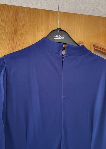 Drapeli Uzun Kollu Mavi Abiye Elbise - Görsel 4