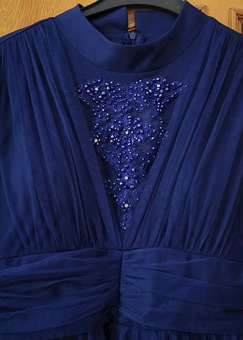 Drapeli Uzun Kollu Mavi Abiye Elbise - Görsel 3