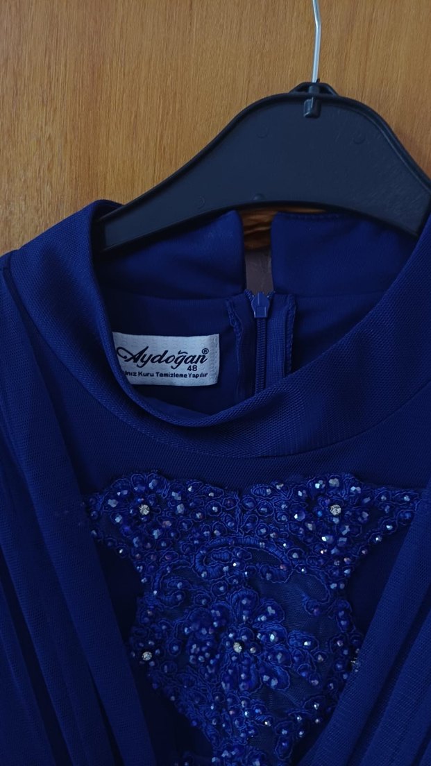 Drapeli Uzun Kollu Mavi Abiye Elbise - Görsel 5