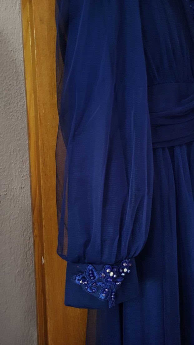 Drapeli Uzun Kollu Mavi Abiye Elbise - Görsel 2