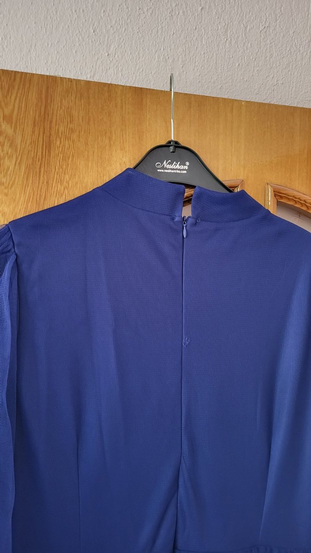 Drapeli Uzun Kollu Mavi Abiye Elbise - Görsel 4