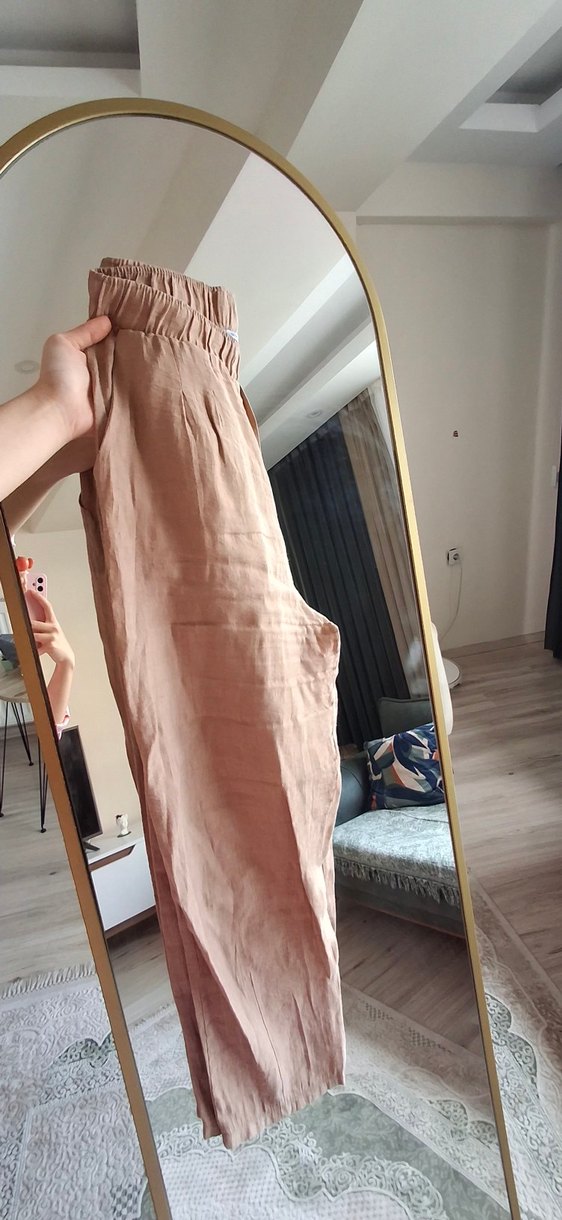 Bej Rahat Kesim Keten Kadın Pantolon - Görsel 2