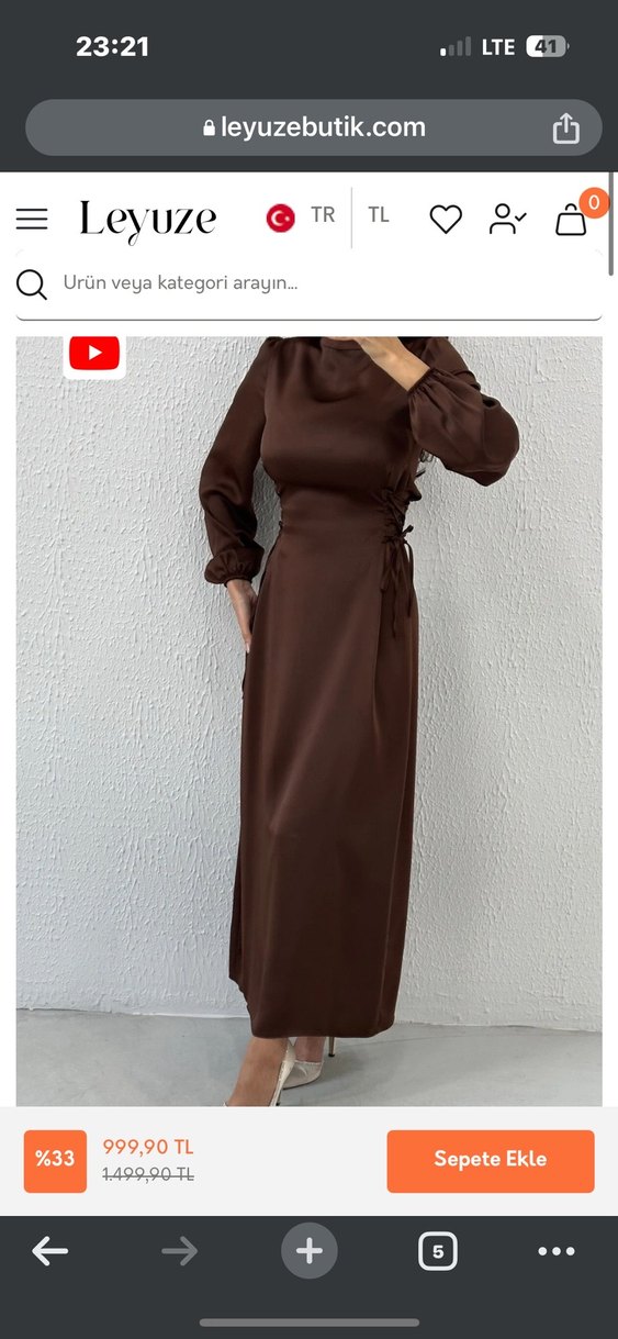 Kahverengi Uzun Kollu Saten Elbise - Görsel 3