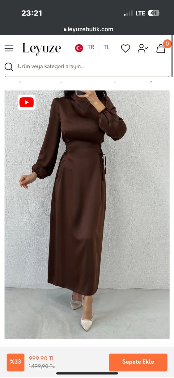 Kahverengi Uzun Kollu Saten Elbise - Görsel 2