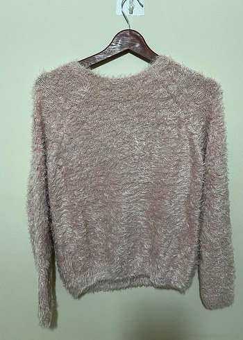 Pembe Peluş Detaylı Kadın Triko Kazak - Görsel 3