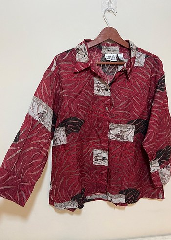 Bordo Desenli Düğmeli Kadın Gömlek - Görsel 2