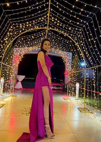 Parlak Pembe Drapeli Uzun Abiye Elbise - Görsel 3