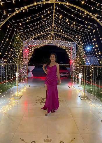 Parlak Pembe Drapeli Uzun Abiye Elbise - Görsel 2