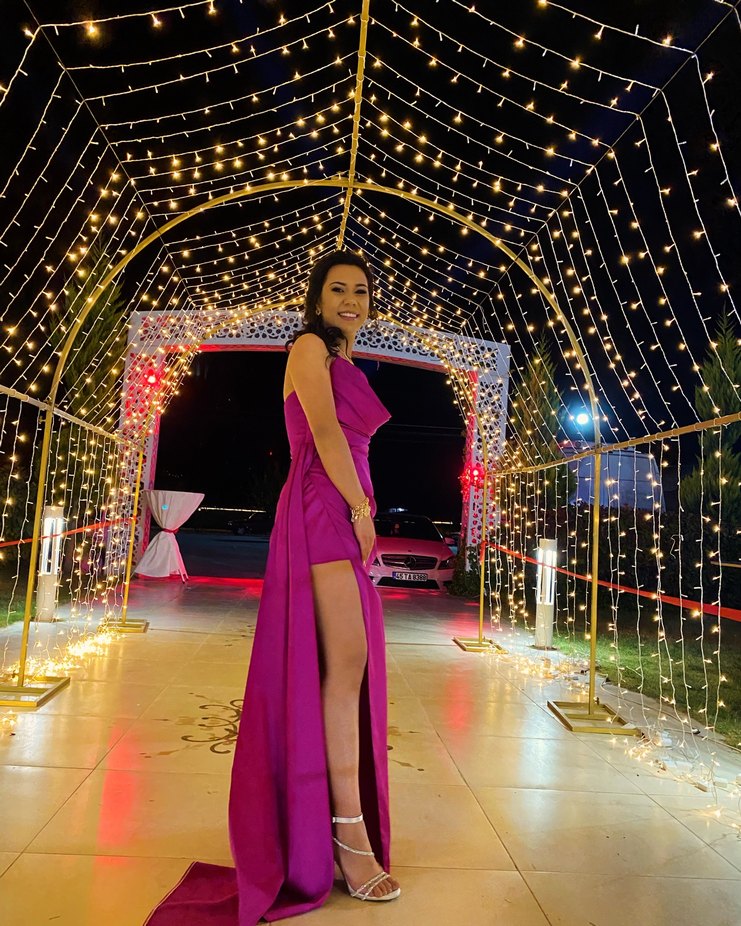 Parlak Pembe Drapeli Uzun Abiye Elbise - Görsel 3