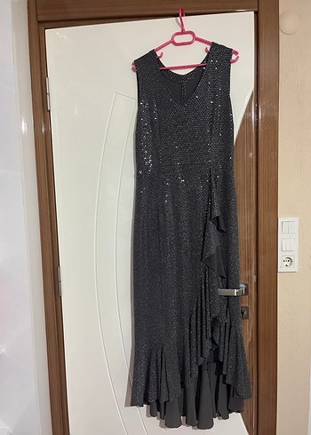 Gri Payetli Midi V Yaka Abiye Elbise - Görsel 5