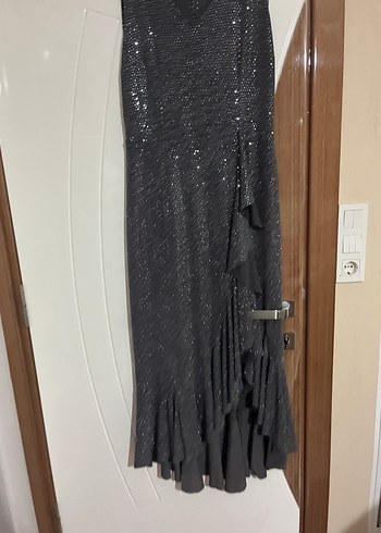 Gri Payetli Midi V Yaka Abiye Elbise - Görsel 6