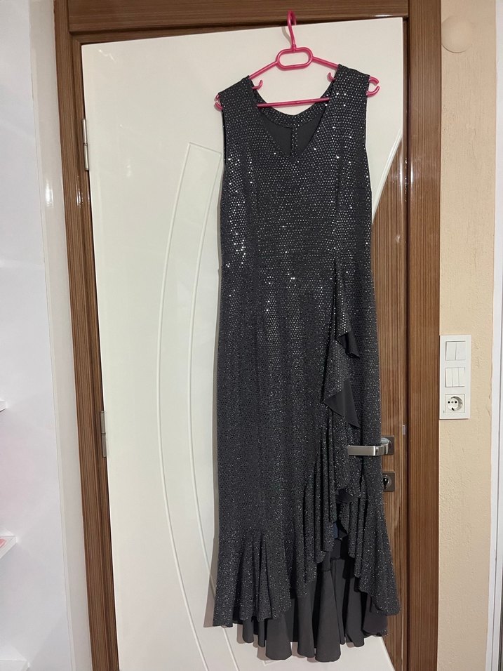 Gri Payetli Midi V Yaka Abiye Elbise - Görsel 5