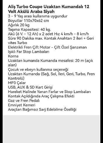 Beden siyah Renk Akülü araba