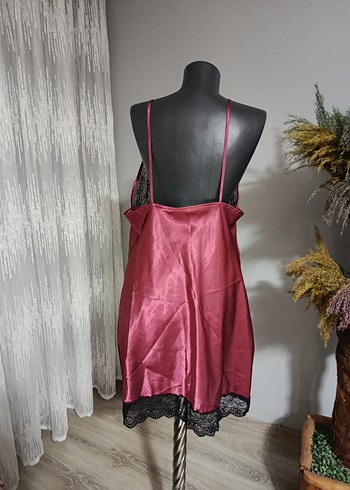xl Beden bordo Renk Bordo Siyah Dantel Detaylı Kısa Askılı Gecelik