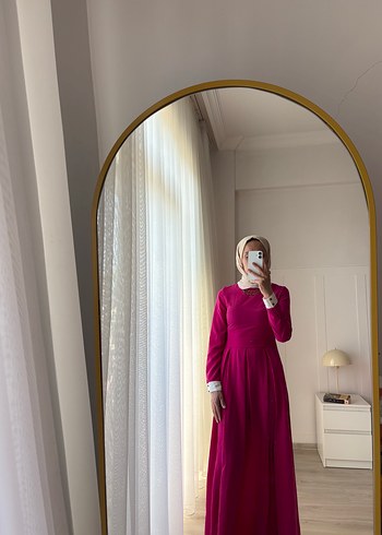 Pembe Uzun Kollu Yüksek Yaka Kadın Elbise