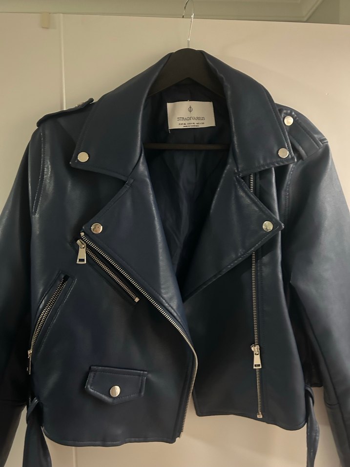 Kadın Mavi Deri Biker Ceket - Görsel 2