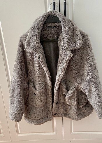 Gri Peluş Kadın Midi Boy Ceket