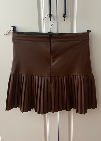 Diğer Kahverengi Deri Pileli Mini Etek