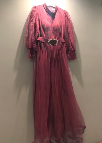 Bordo Uzun İpek Görünümlü Vintage Elbise