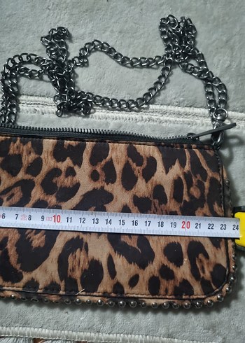 Beden kahverengi Renk PULL& BEAR Zincir Detaylı Leopar Desenli Deri Kadın Çapraz Çanta