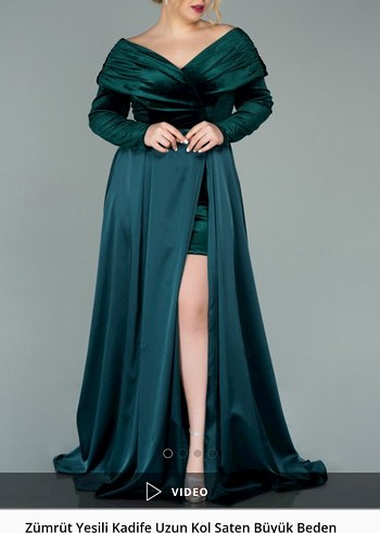 Zümrüt Yeşili Kadife Uzun Kollu Saten Elbise - Görsel 2