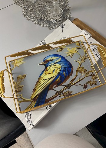Altın Renkli Modern Klasik Kuş Desenli Tepsi