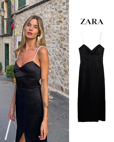 Zara Zara İnci Askılı Saten Elbise