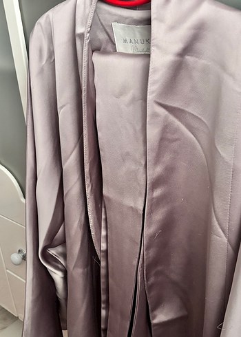 Manuka takım saten kimono, kemer ve saten pantolon vizon - Görsel 2