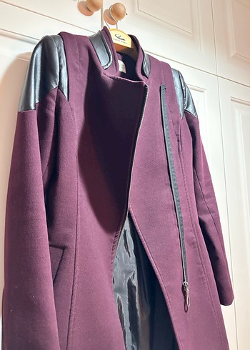 Bordo Deri Detaylı Midi Kaban - Görsel 2