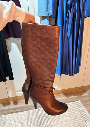 Kahverengi Deri  Kadın Diz Boyu Çizme - Görsel 2