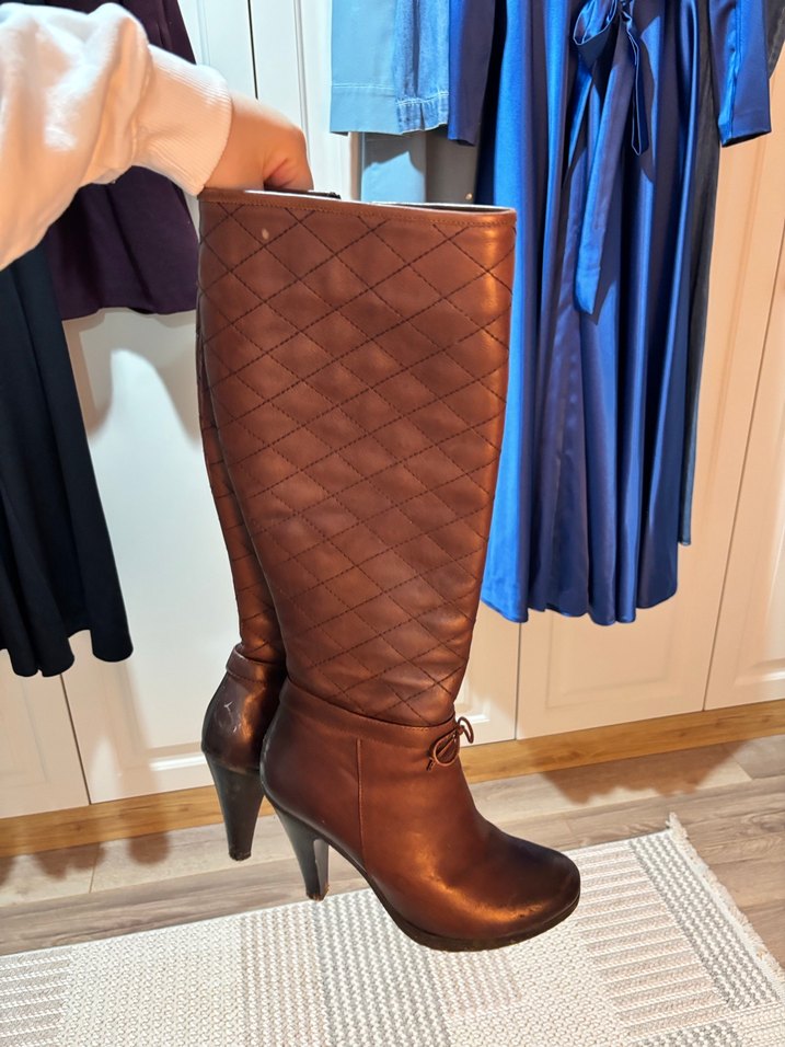 Kahverengi Deri  Kadın Diz Boyu Çizme - Görsel 2
