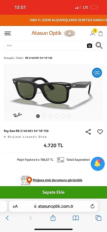 Rayban 54 ekartman güneş gözlüğü orjinal