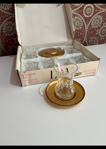 Lav Livia Altın Renkli Çay Bardağı Seti 3lü SAKLAMA KABI HEDİYE