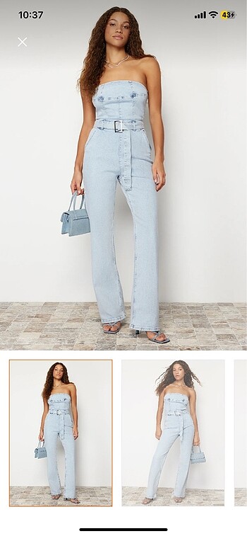 Kemerli straplez denim tulum