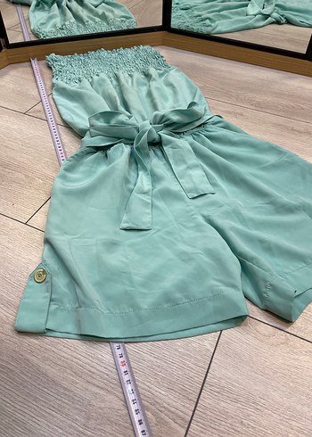 Kadın Turkuaz Mini Straplez Kemerli Tulum - Görsel 3