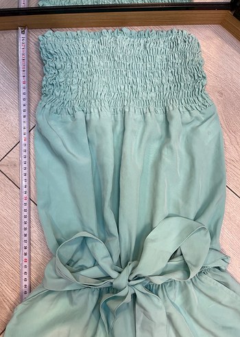 Kadın Turkuaz Mini Straplez Kemerli Tulum - Görsel 4