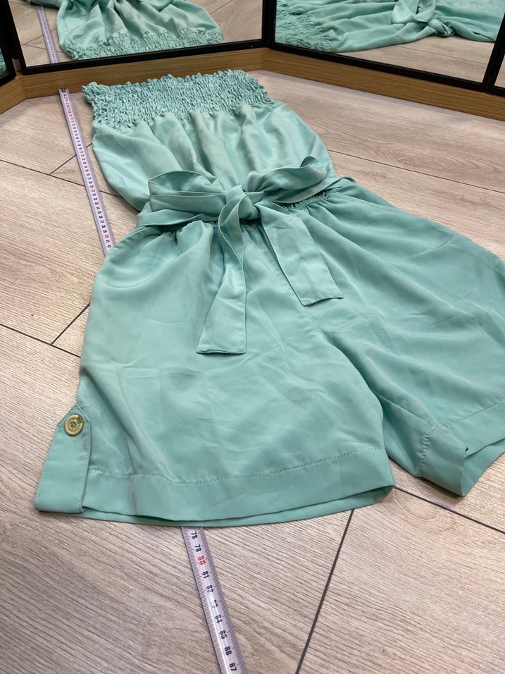 Kadın Turkuaz Mini Straplez Kemerli Tulum - Görsel 3