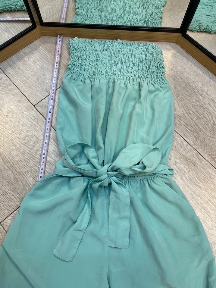 Kadın Turkuaz Mini Straplez Kemerli Tulum - Görsel 2